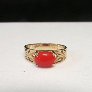 18K Solid Gold Italian Coral Retro Cabochon Ring